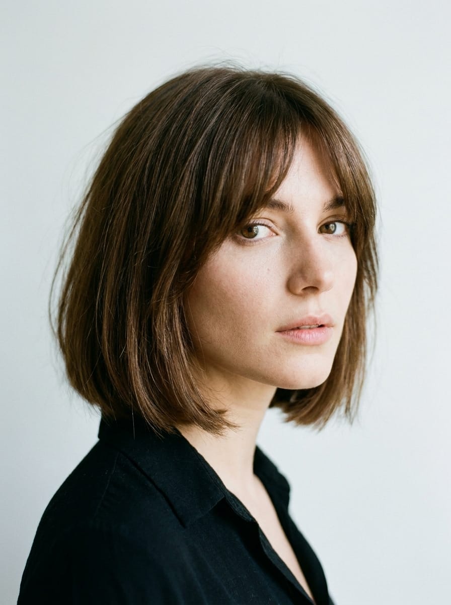 Brauner Bob mit soften Curtain Bangs - Kurze braune Bob Frisuren